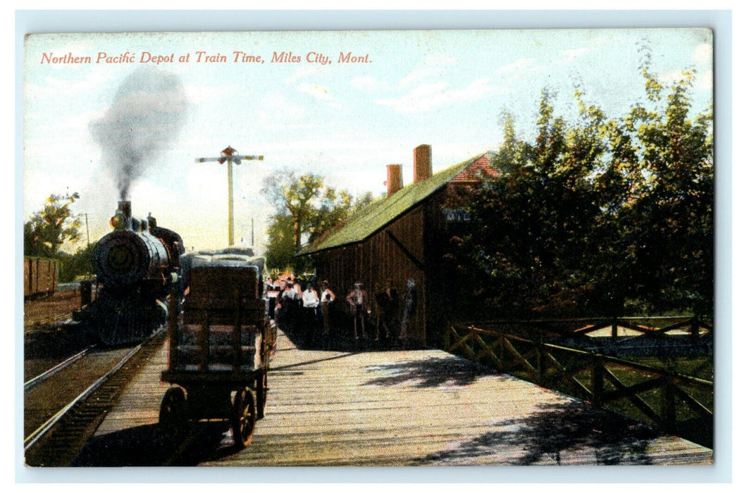 Northern Pacific Depot Train Time Station Miles City Montana Antique Postcard
