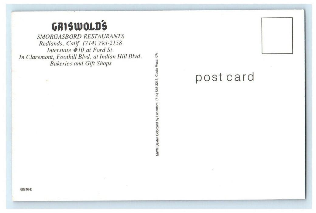 Griswold's Smorgasbord Restaurant Scandinavia Redlands California CA Postcard