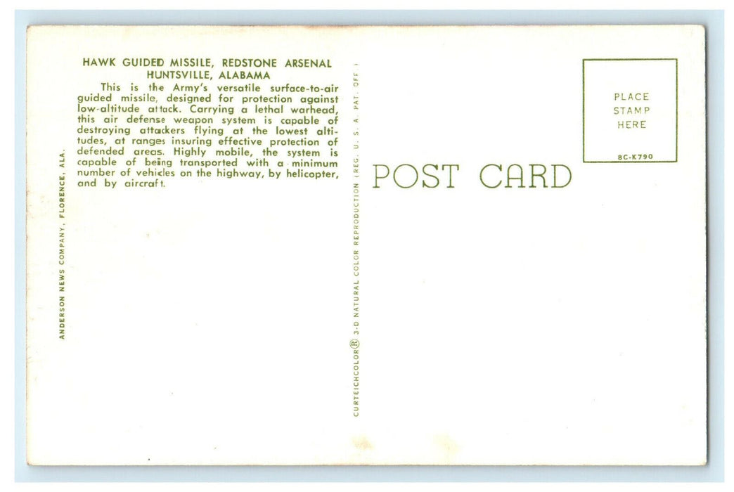 c1960s Hawk Guided Missile Redstone Arsenal Huntsville Alabama AL Postcard