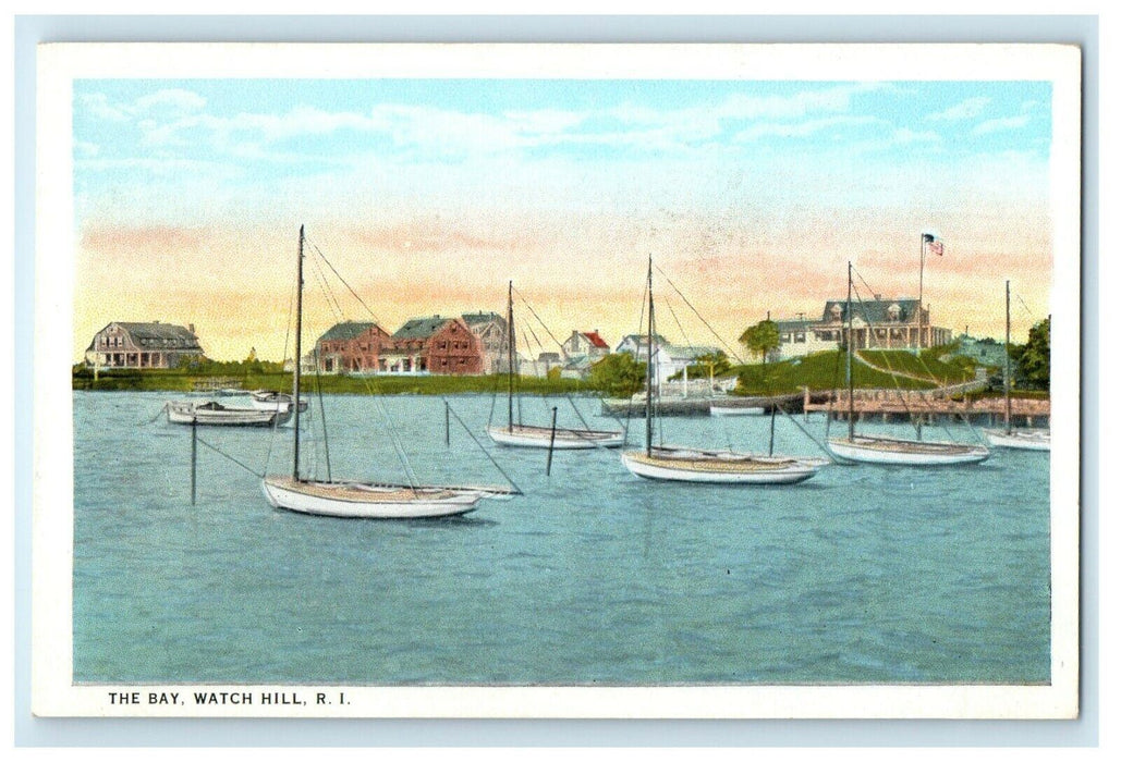 1926 Sailboats in The Bay, Watch Hill Rhode Island RI Vintage Postcard
