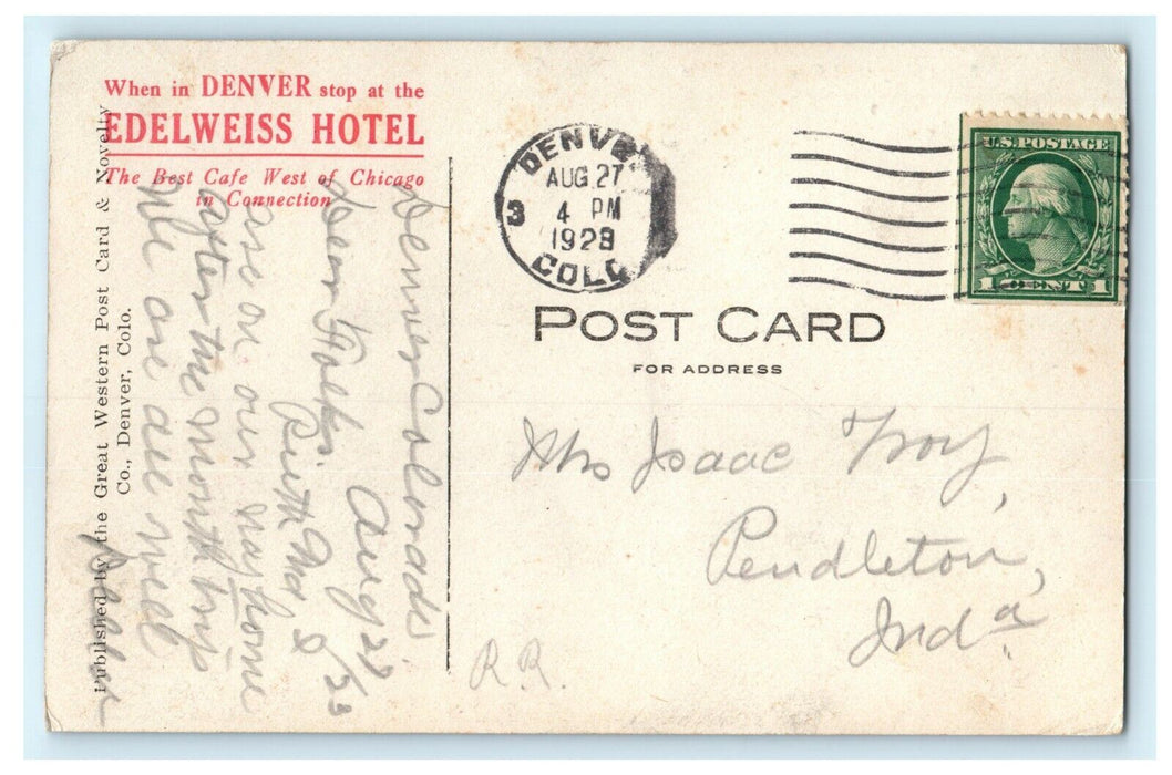 1928 Georgetown Sunrise Peak Denver CO Edelweiss Hotel Advertising Postcard