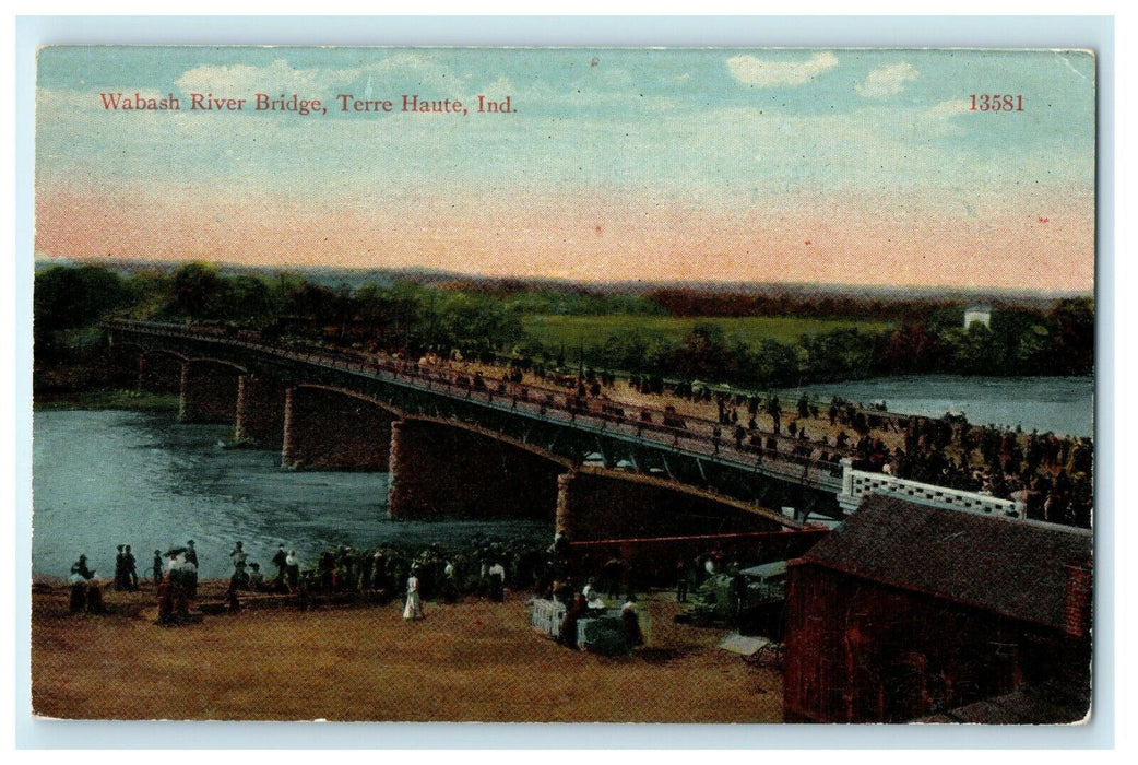 1914 People Gather at Wabash River Bridge, Terre Haute, Indiana IN Postcard