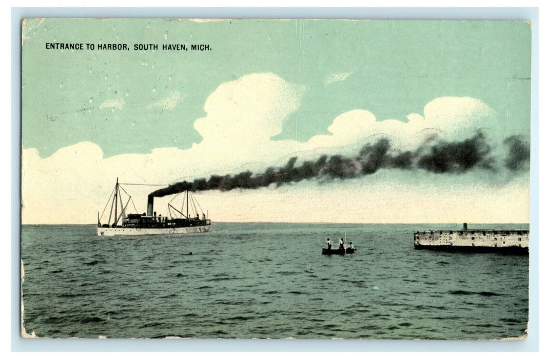 1914 Entrance to Harbor South Haven Michigan MI Evansville Indiana Postcard