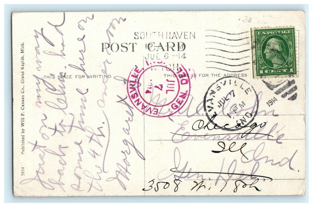 1914 Entrance to Harbor South Haven Michigan MI Evansville Indiana Postcard