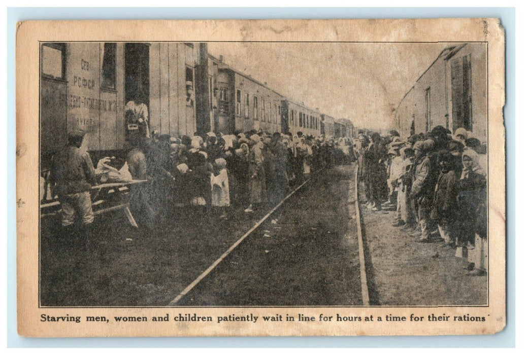 c1917 Starving Men Women Children Soviet Russia Rations Train WW1 Postcard