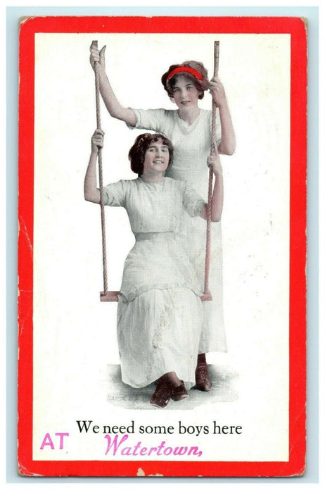 c1910 "Need Some Boys Here" Watertown Girls Swing Humor Watertown NY Postcard