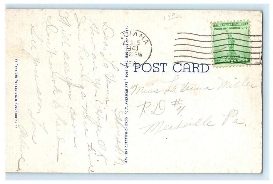1943 Indiana PA, First Methodist Episcopal Church in Pennsylvania PA Postcard