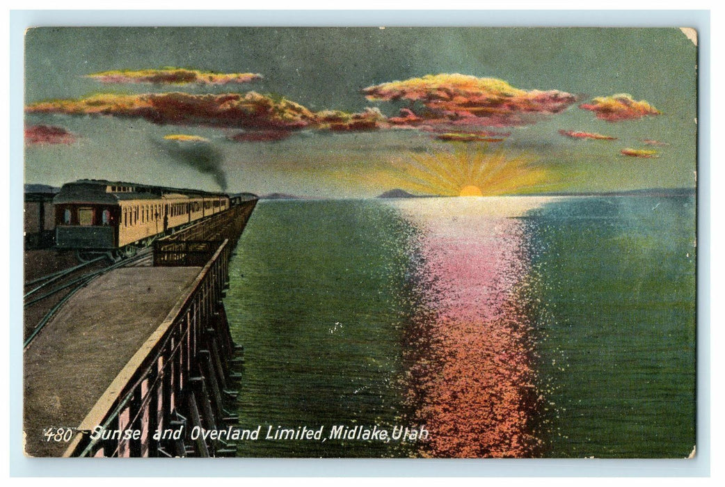 1909 Sunset on Salt Lake and Overland Limited, Midlake Utah UT Postcard