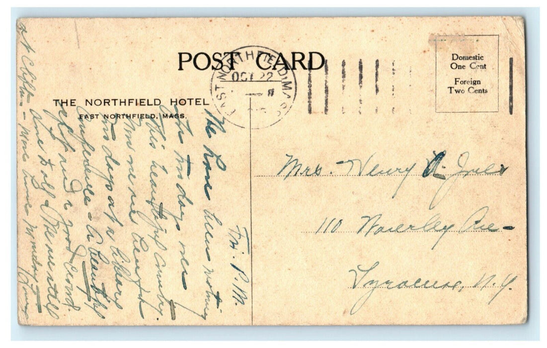 1914 Northfield Hotel East Northfield Massachusetts MA Posted Postcard