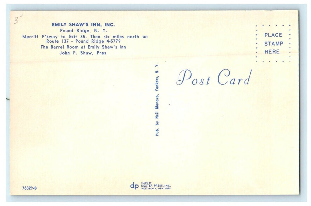 Emily Shaw's Inn Restaurant Interior View Pound Ridge New York NY Postcard