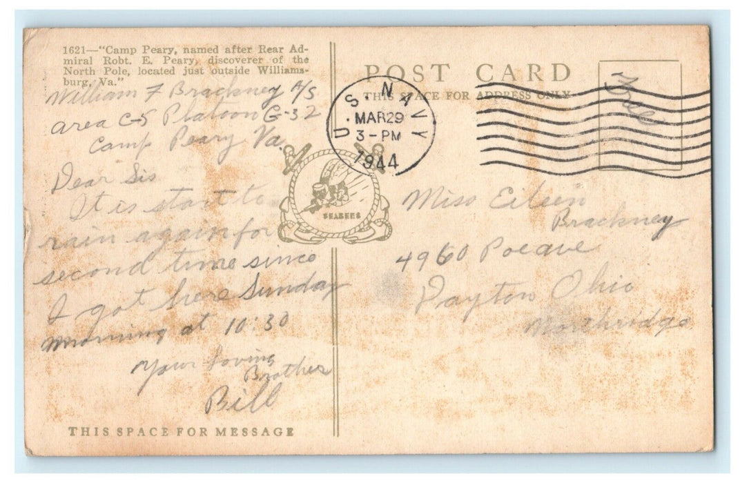 1944 Camp Peary Entrance Marker Home Of Seabees US Navy WW2 Virginia VA Postcard