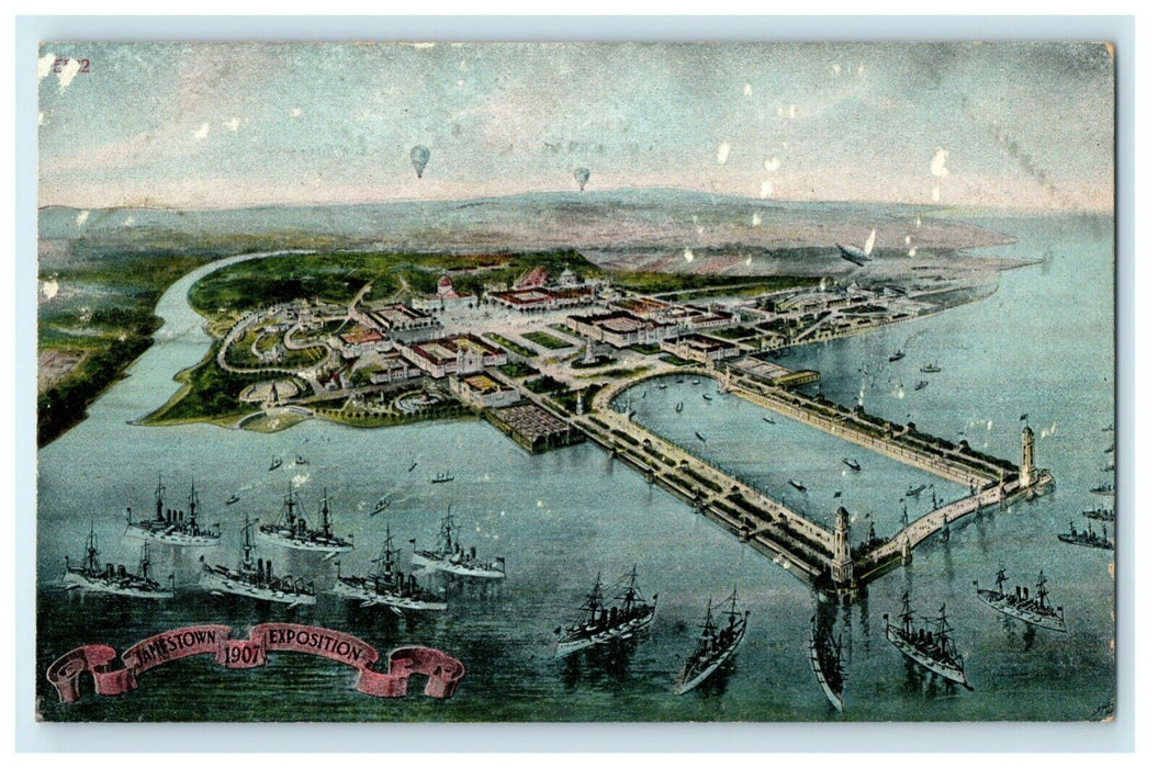 1907 Jamestown Exposition Aerial View Bird's Eye Ships Unposted Balloon Postcard