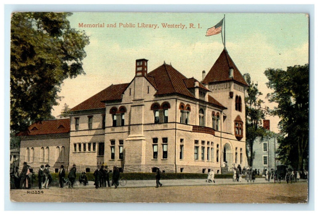 1912 Flag Pole in Memorial and Library, Westerly, Rhode Island RI Postcard