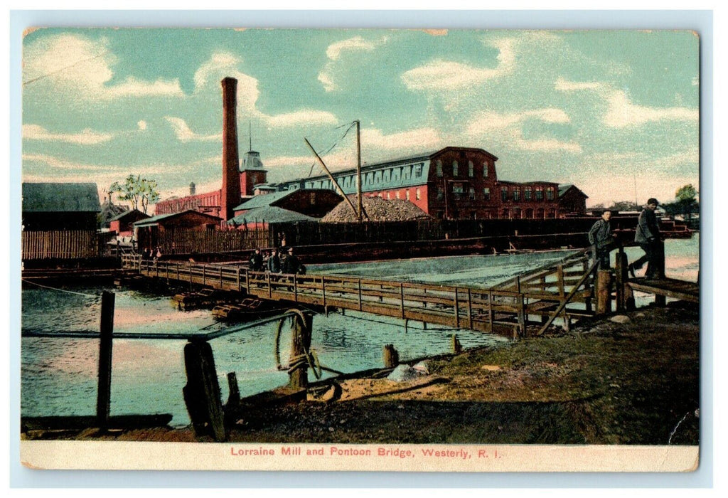 1915 Lorraine Mill and Pontoon Bridge, Westerly, Rhode Island RI Postcard