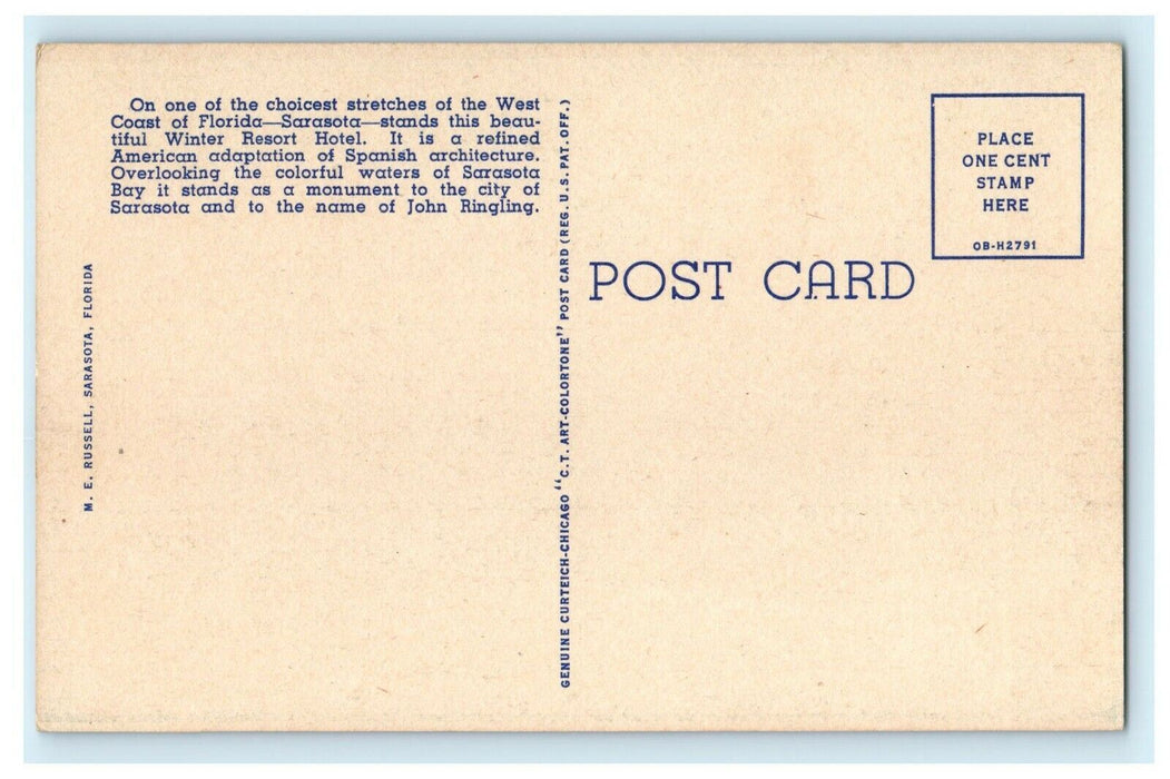 The John Ringling Hotel Winter Resort  Sarasota Florida FL Unposted Postcard