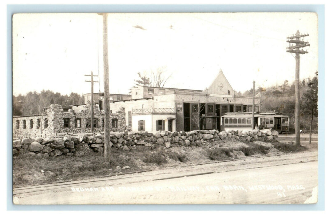 c1910 Railway Trolley Car Barn Westwood Massachusetts MA RPPC Photo Postcard
