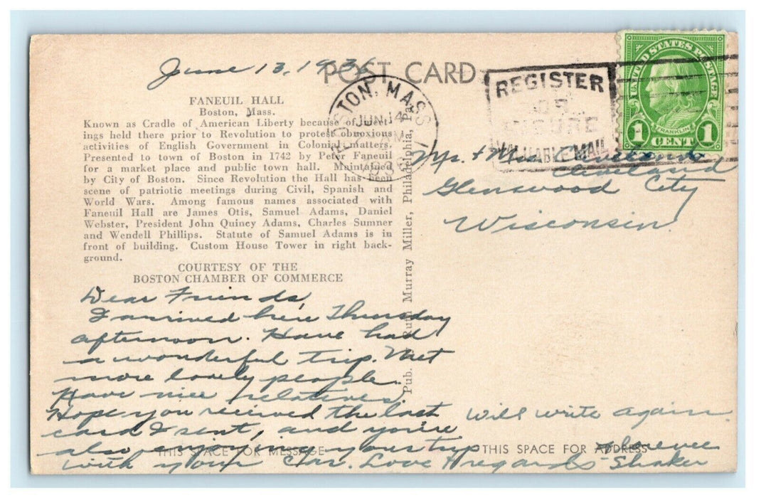 1936 Faneuil Hall Posted Antique Boston Massachusetts MA Postcard