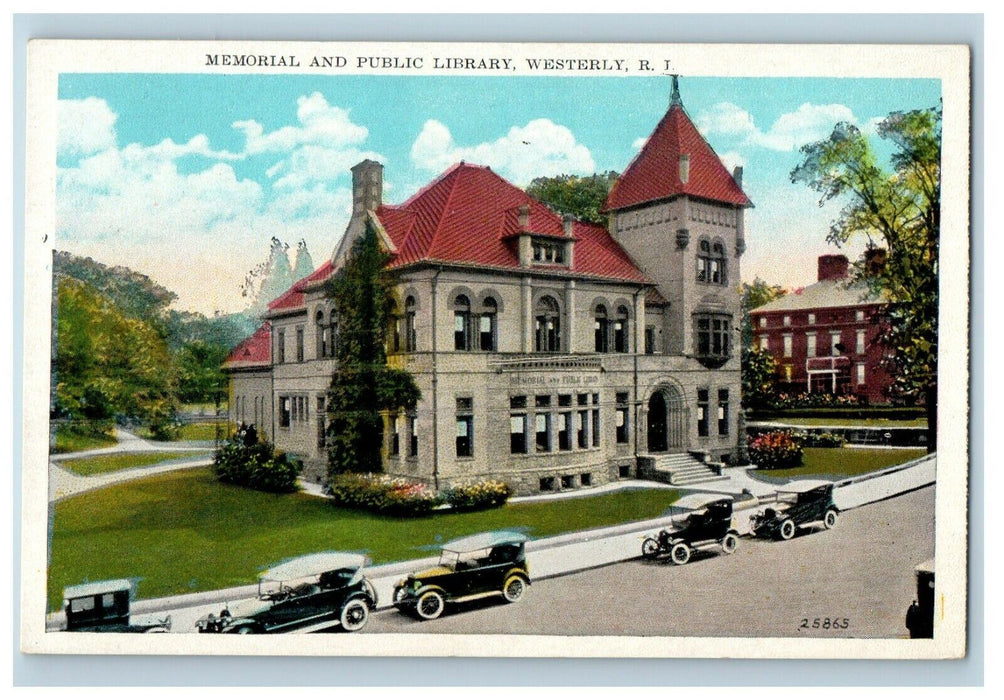 1916 Memorial and Public Library View, Westerly, Rhode Island RI Postcard