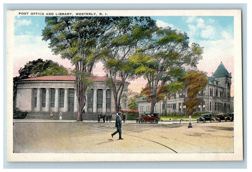 1921 Post Office and Library View, Westerly, Rhode Island RI Postcard