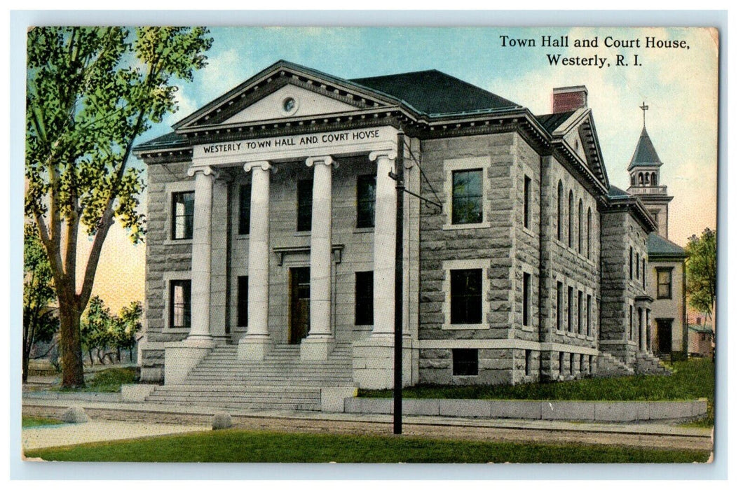 1912 View of Town Hall and Court House, Westerly, Rhode Island RI Postcard