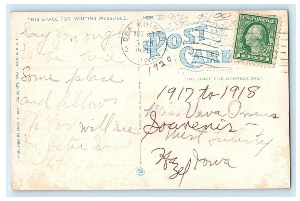 1920 Locust Bridge Showing Library Post Office Des Moines Iowa IA Postcard