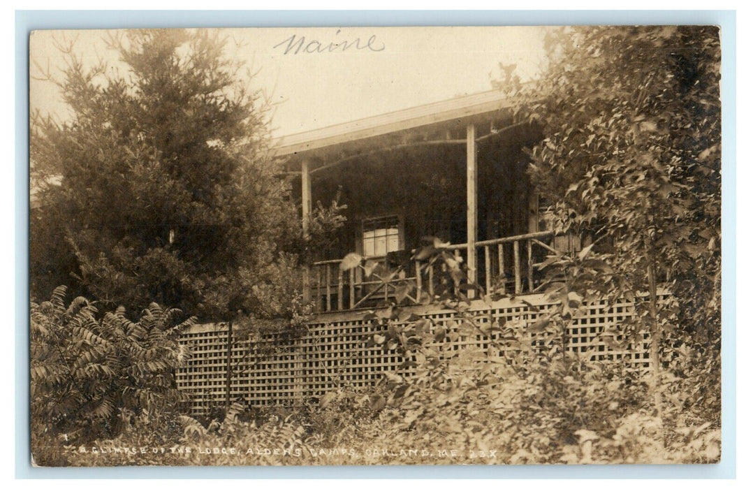 1923 Glimpse of Lodge Aldens Camps Oakland Maine ME RPPC Photo Postcard