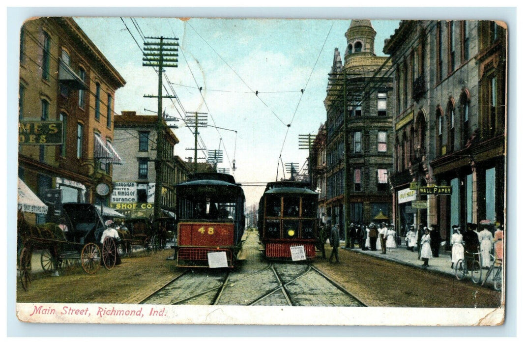 1909 Main Street Trolley Train Richmond Indiana IN Posted Antique Postcard
