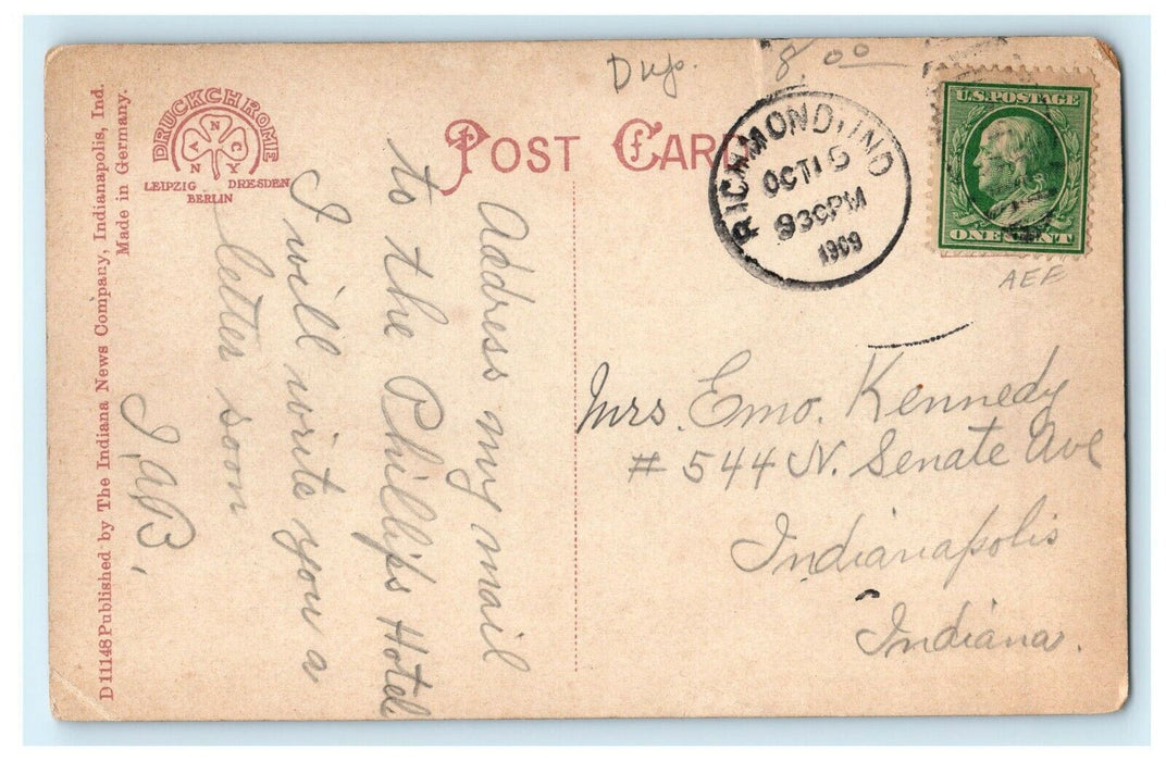 1909 Main Street Trolley Train Richmond Indiana IN Posted Antique Postcard