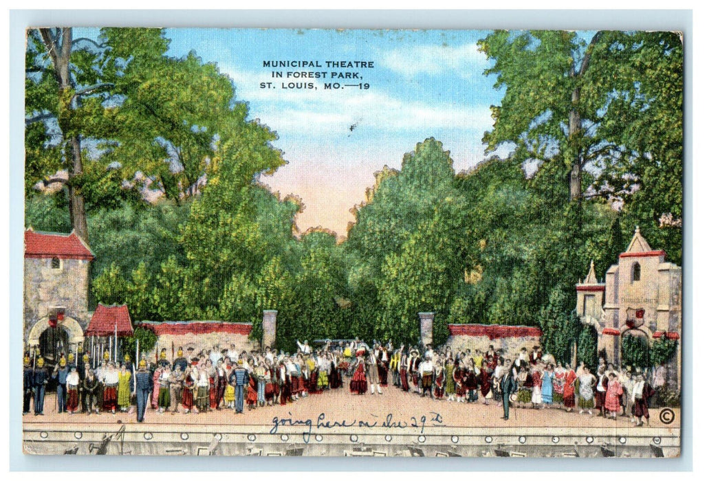 1948 Municipal Theatre in Forest Park, St. Louis Missouri MO Cancel Postcard