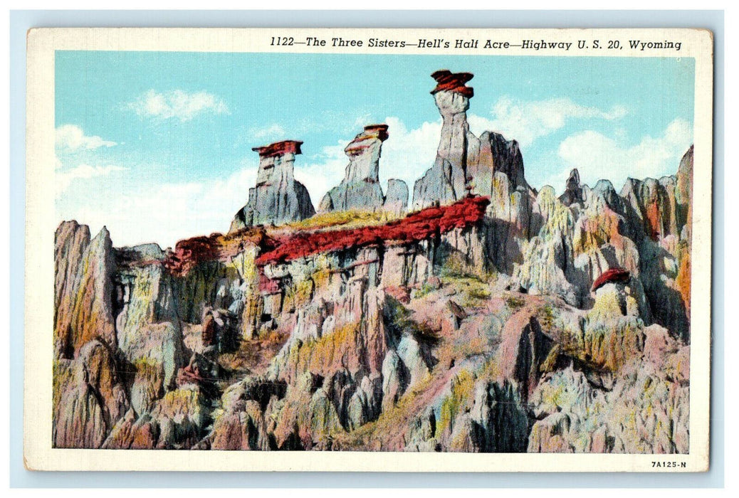 c1940s Three Sisters Hell's Half Acre Highway US 20 Wyoming WY Postcard