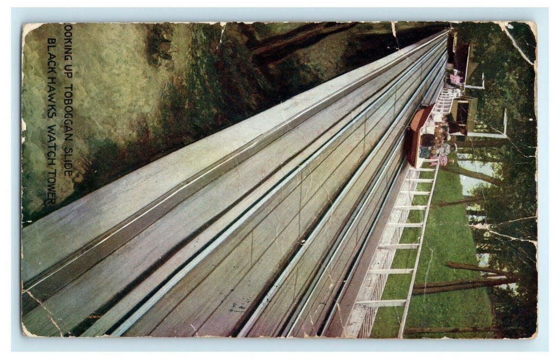 1911 Looking Up Toboggan Slide Black Hawks Watch Tower Ashland Illinois Postcard