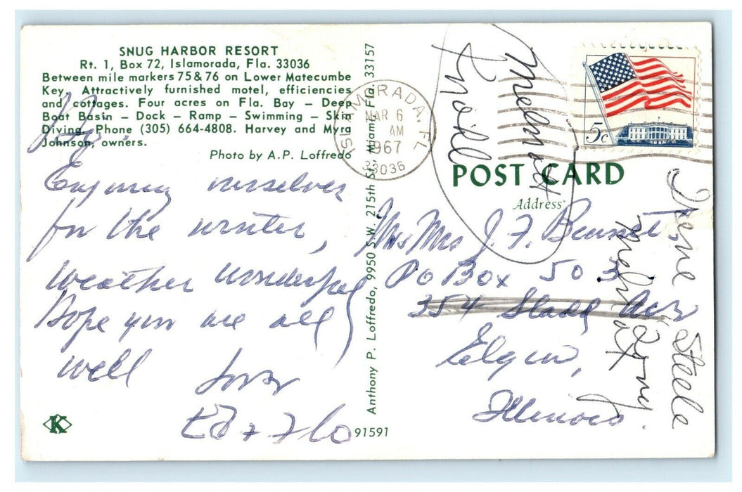 1967 Three Person Talking Inside a Cabin in Snug Harbor Resort Postcard