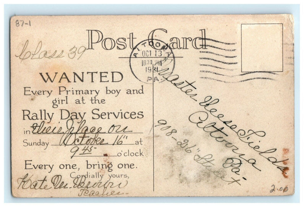 1921 Rally Day Service Church Advertising Altoona Pennsylvania PA Postcard