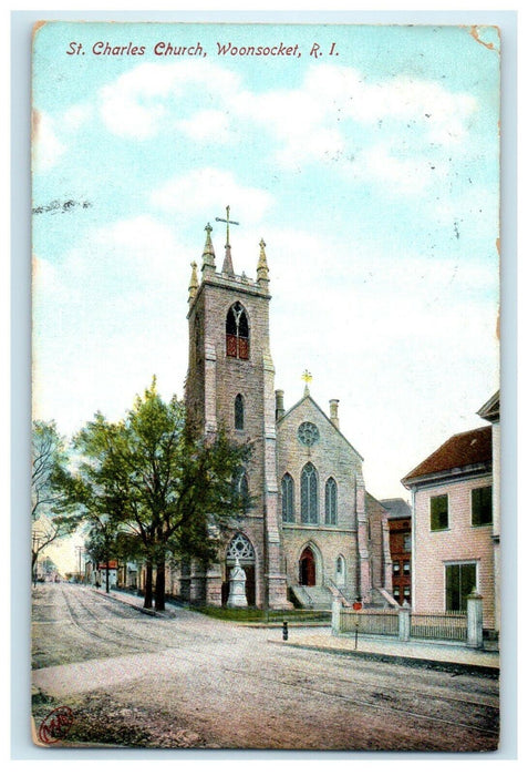 1908 St. Charles Church Street View Woonsocket Rhode Island RI Antique Postcard