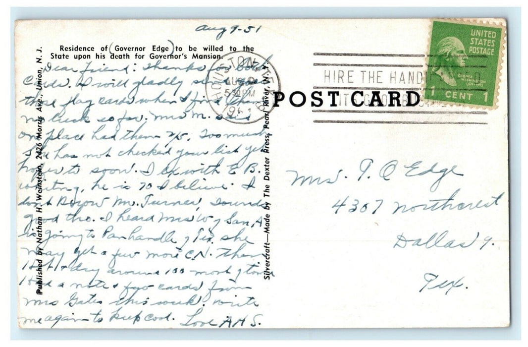 1951 Future Governor's Mansion of New Jersey NJ Houston Texas TX Postcard