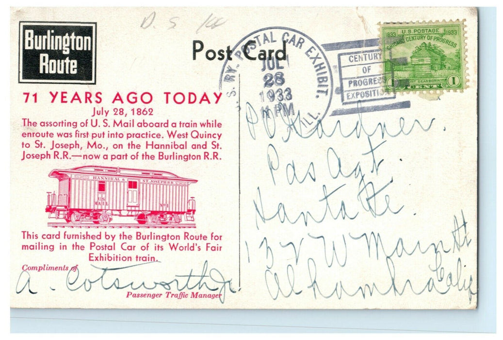 1933 Postal Car Exhibit Chicago World's Fair Mail Railroad Car Exhibit Postcard