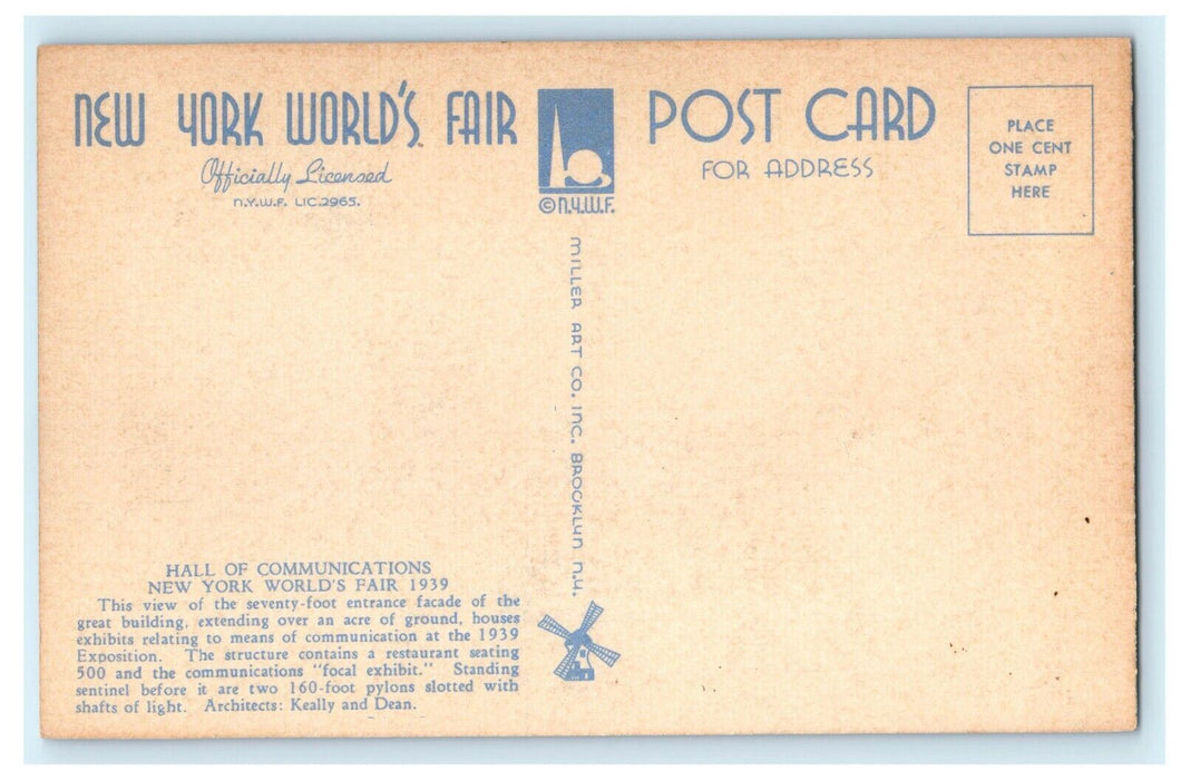 c1939 New York's World Fair Hall of Communications Historic Postcard