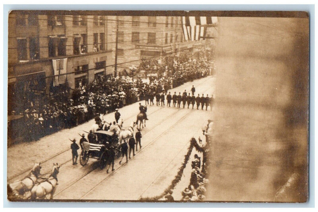 c1910's Patriotic Parade Crowd Horse Wagon Rifle RPPC Unposted Photo Postcard