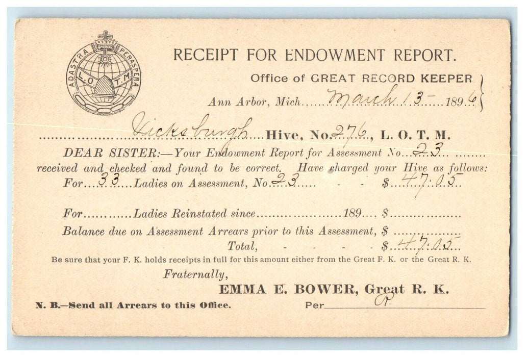 1896 Receipt For Endowment Report Ann Arbor Michigan MI Advertising Postcard