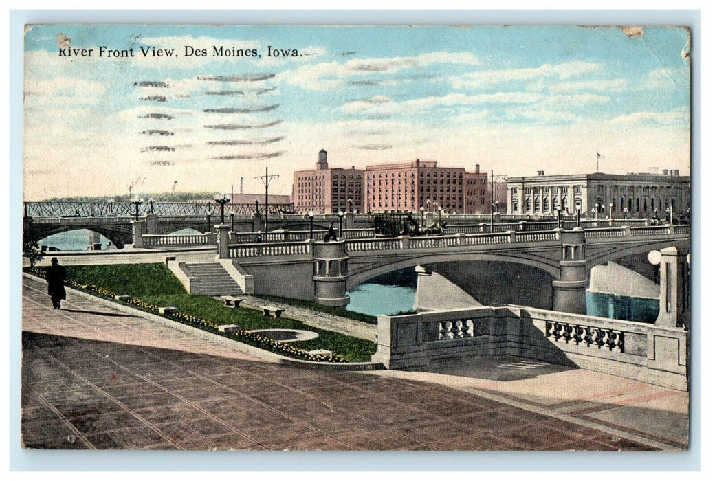 1919 River Front View Bridge Building Des Moines Iowa IA Posted Antique Postcard