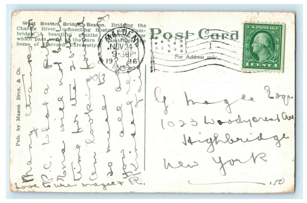 1916 West Boston Bridge Cambridge Boston Massachusetts Malden Trains Postcard