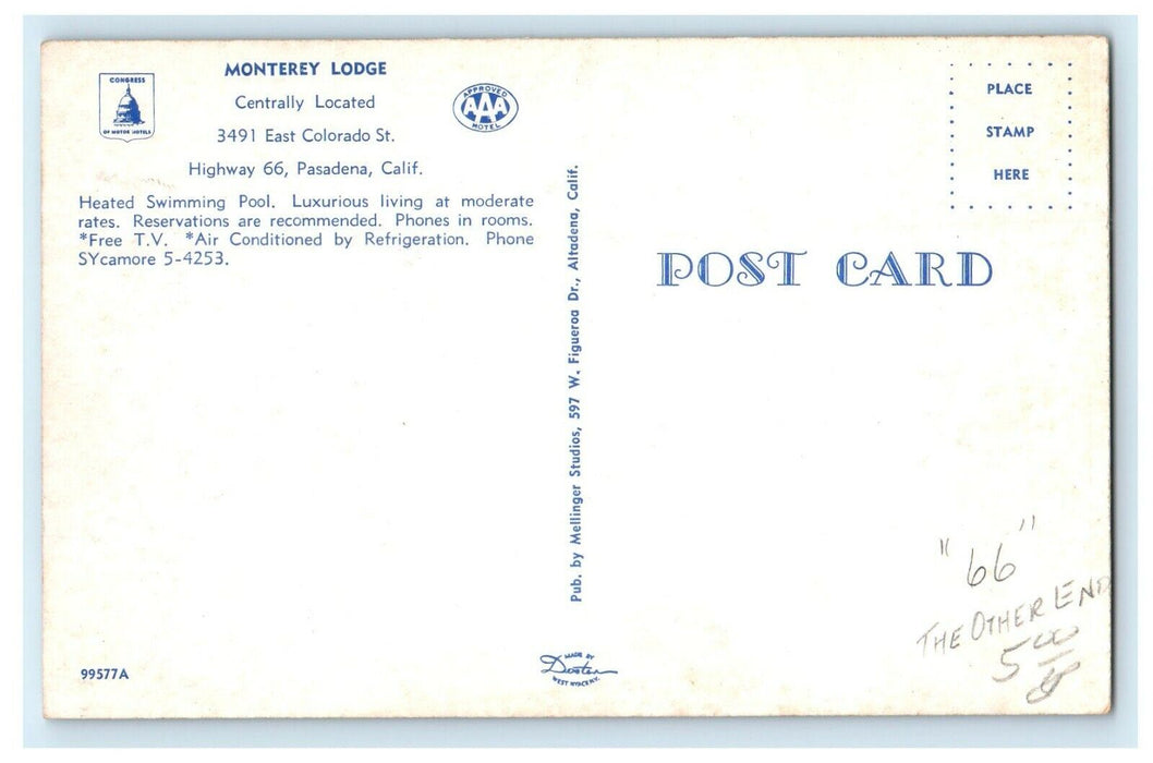 c1950's Monterey Lodge And Swimming Pool Pasadena California CA Postcard