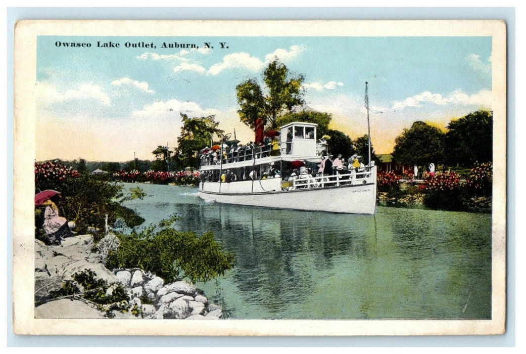 1917 Owasco Lake Outlet, Boat Scene Auburn New York NY Antique Postcard