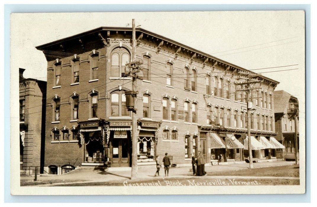 1908 Centennial Block Morrisville Vermont VT Drugs Dentist RPPC Photo Postcard