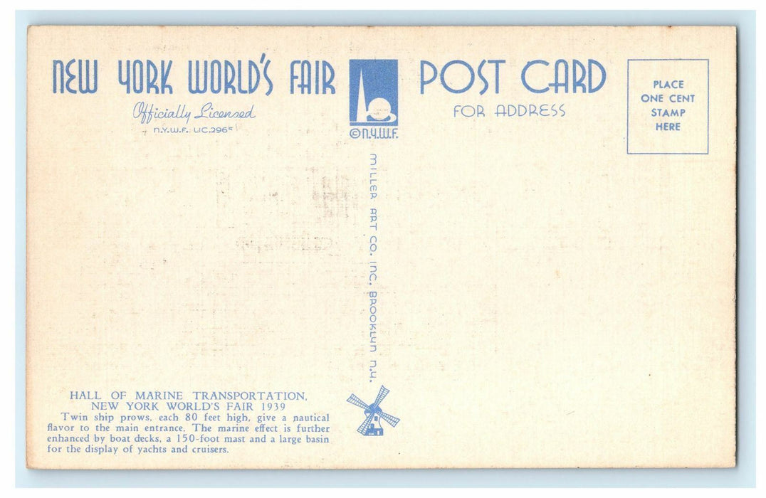 c1939 New York's World Fair Hall of Marine Transportation Old Postcard