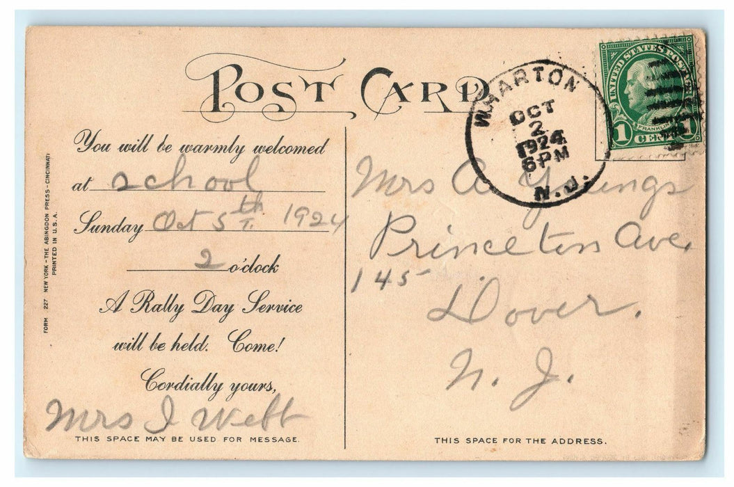 1924 Leaf Designed Rally Day Greetings, Wharton, New Jersey NJ Vintage Postcard