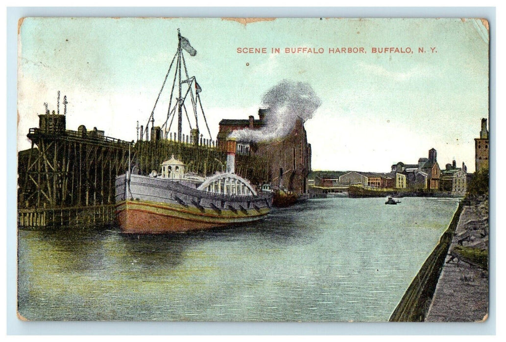 1908 Steamer Ship Scene In Buffalo Harbor New York NY Posted Antique Postcard