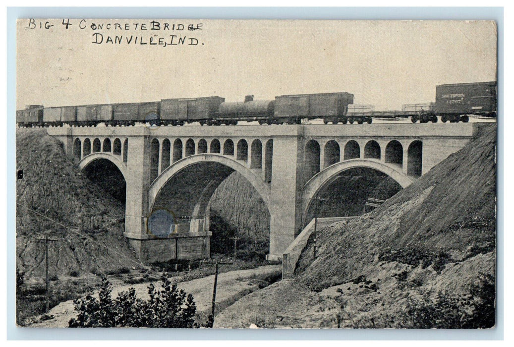 1911 Train Locomotive, Big 4 Concrete Bridge Danville Indiana IN Postcard