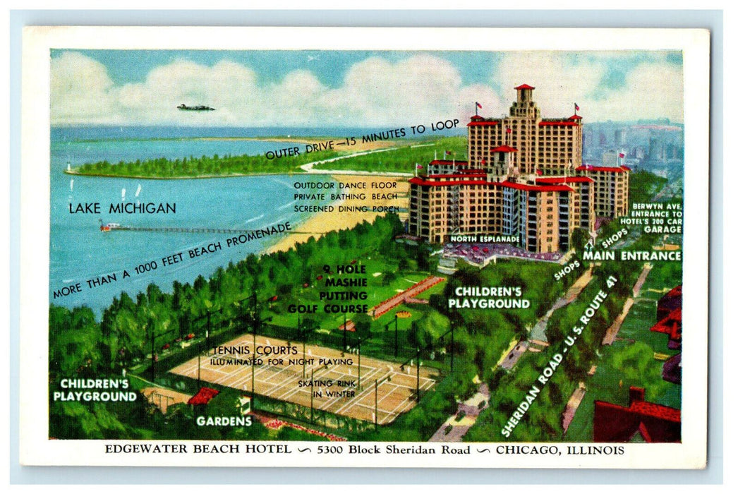 c1940s Day View, Edgewater Beach Hotel Sheridan Rd. Chicago Illinois IL Postcard