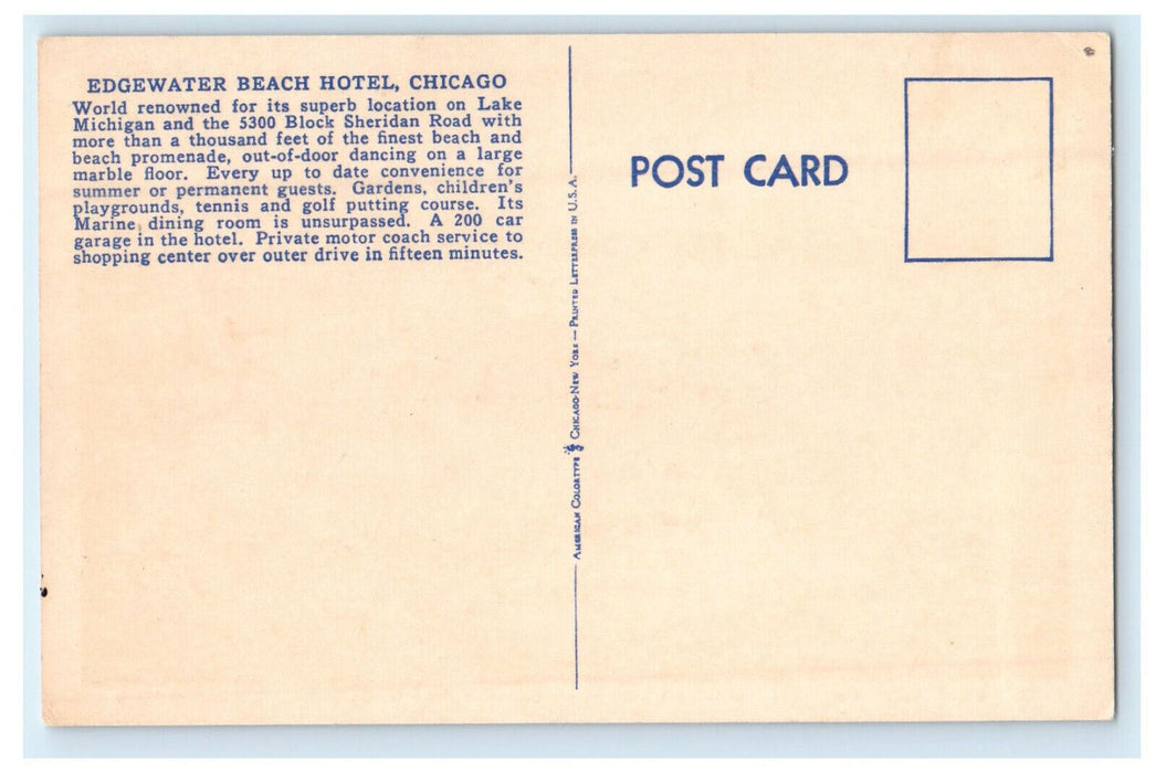 c1940s Day View, Edgewater Beach Hotel Sheridan Rd. Chicago Illinois IL Postcard